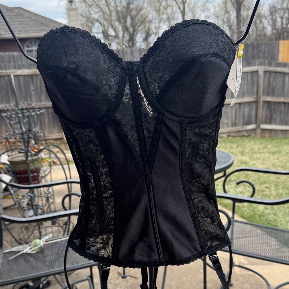 NOS Vintage Black Lace Bustier Corset Bra sz 34C With Garters